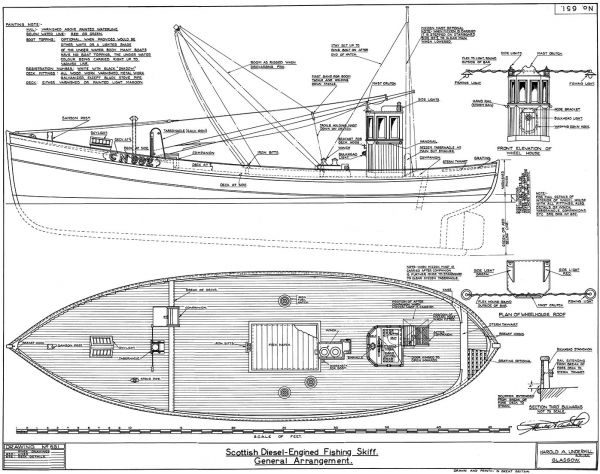 Diesel Ring Net Fishing Boat - Elevation &amp; Deck Plan 