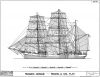 Wood Three-Mast Barque, 750 Tons - Sail and Rigging Plan